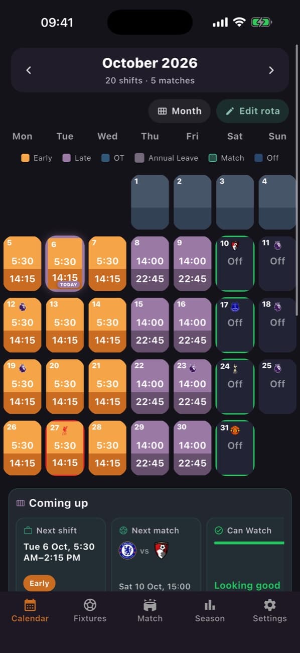 Shift calendar with football fixtures